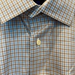 David Donahue brown & blue check collared long sleeve dress shirt 16 neck 32/33